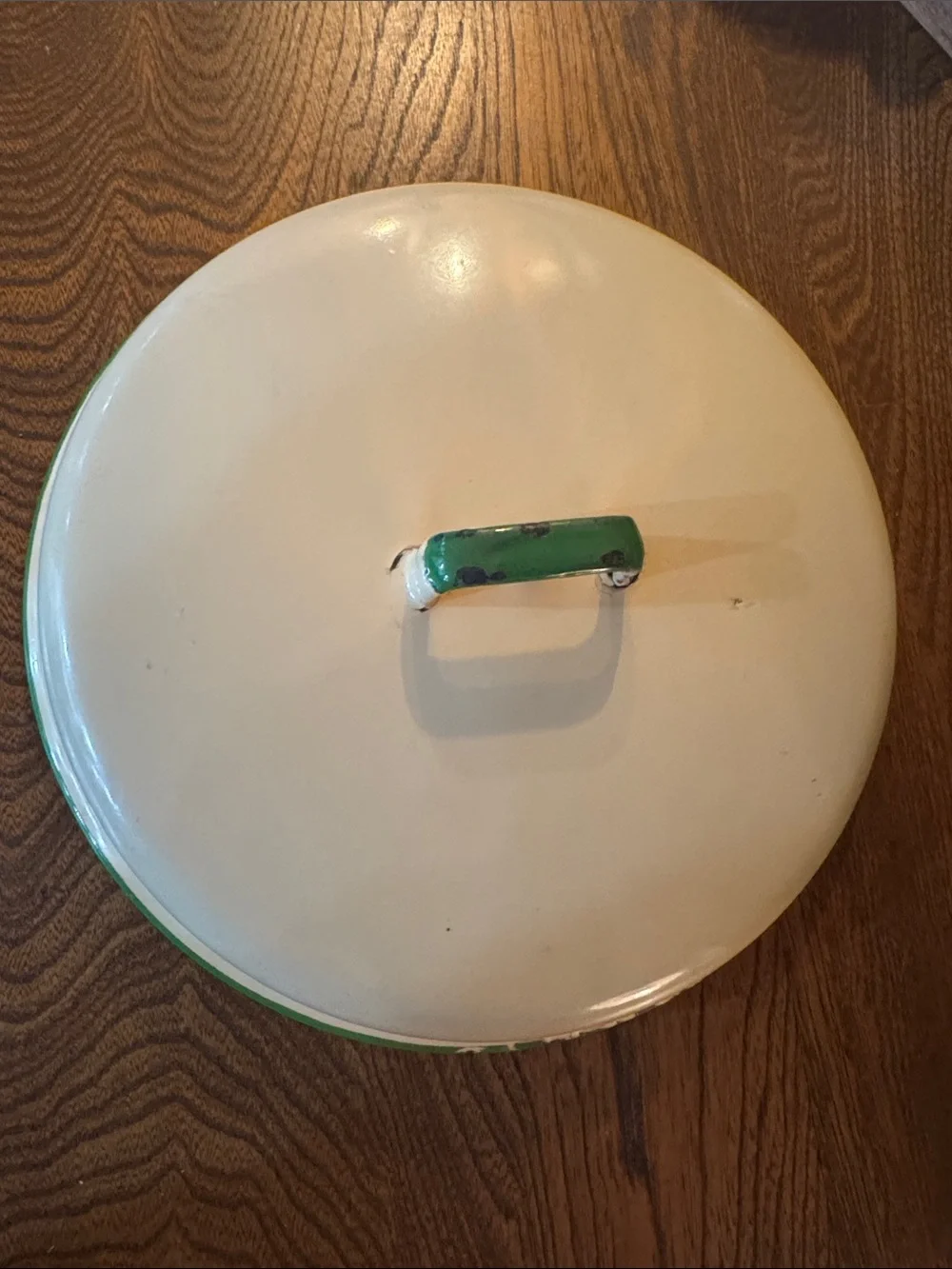 Vintage enamelware pot Cookware Lid cream/green, loop handle, replacement/decor